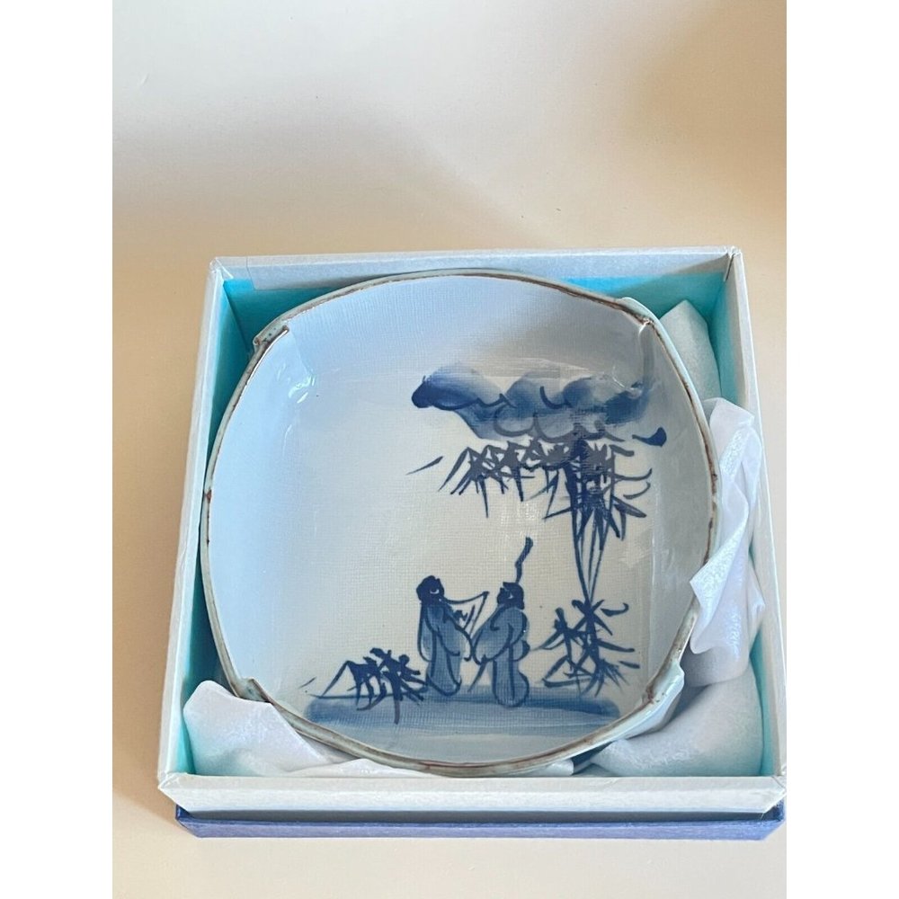 Vintage Japanese Blue White Glazed Pottery Stone Ware Bowl Boxed Signed - Picture 1 of 8